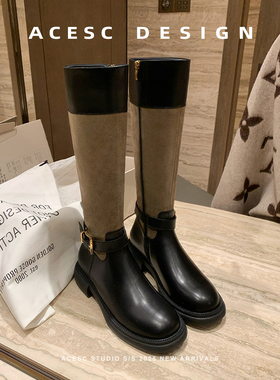 Acesc/艾斯臣秋冬新款英伦复古拼色扣圆头粗跟中长筒瘦瘦骑士靴女