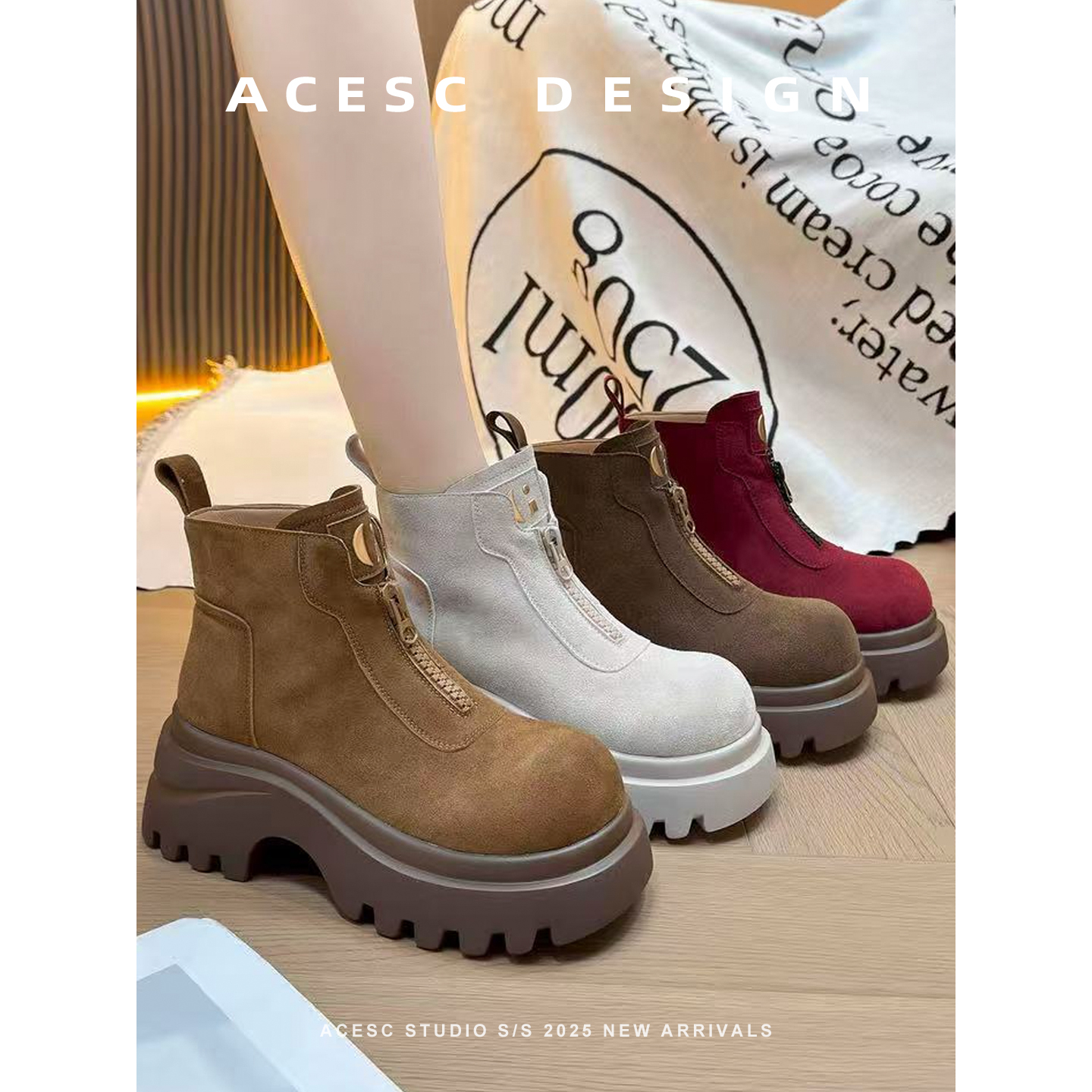 Acesc/艾斯臣新款时尚百搭新品复古风时尚短靴圆头切尔西靴