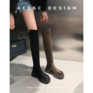 艾斯臣高筒靴绒面长靴舒适靴子长筒靴丝绒过膝靴小个子增高不掉筒