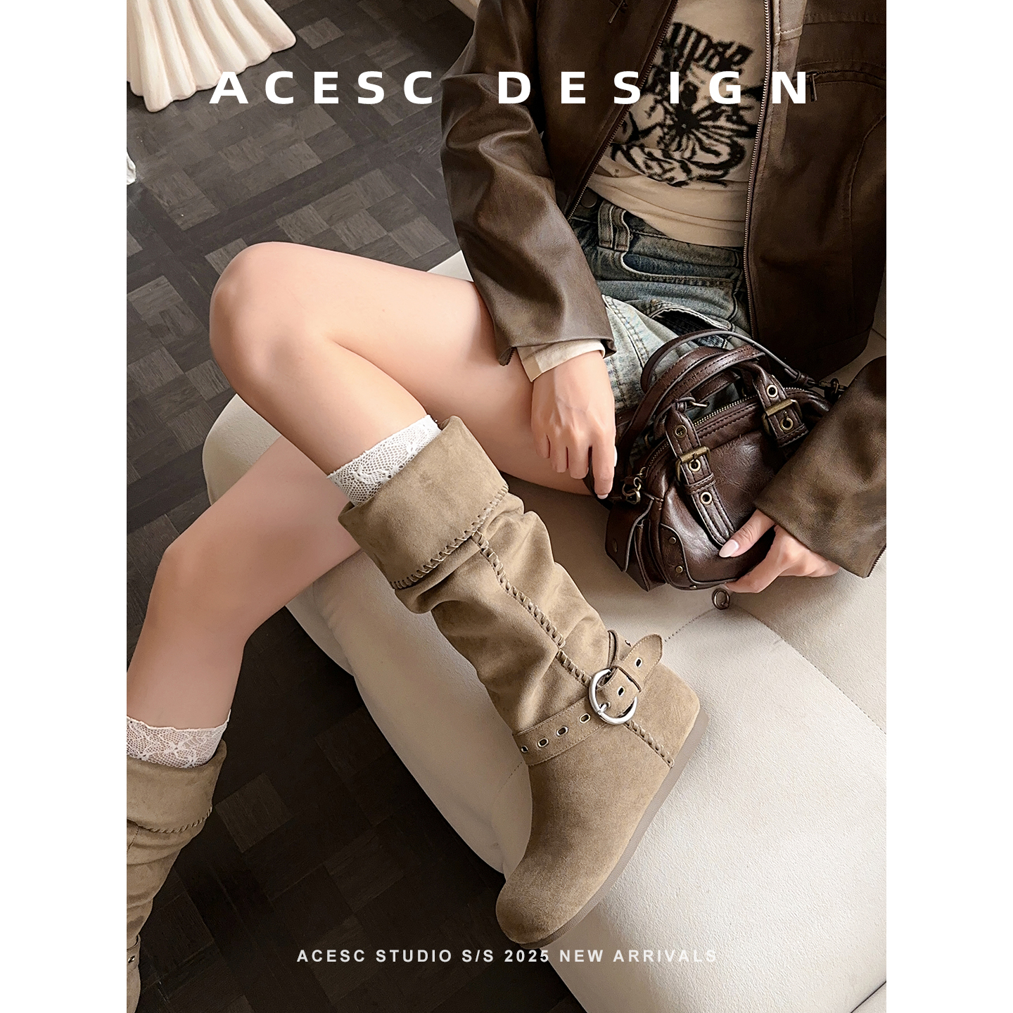 Acesc/艾斯臣2025主推新品秋冬圆头不过膝长靴美拉德大筒围瘦瘦靴