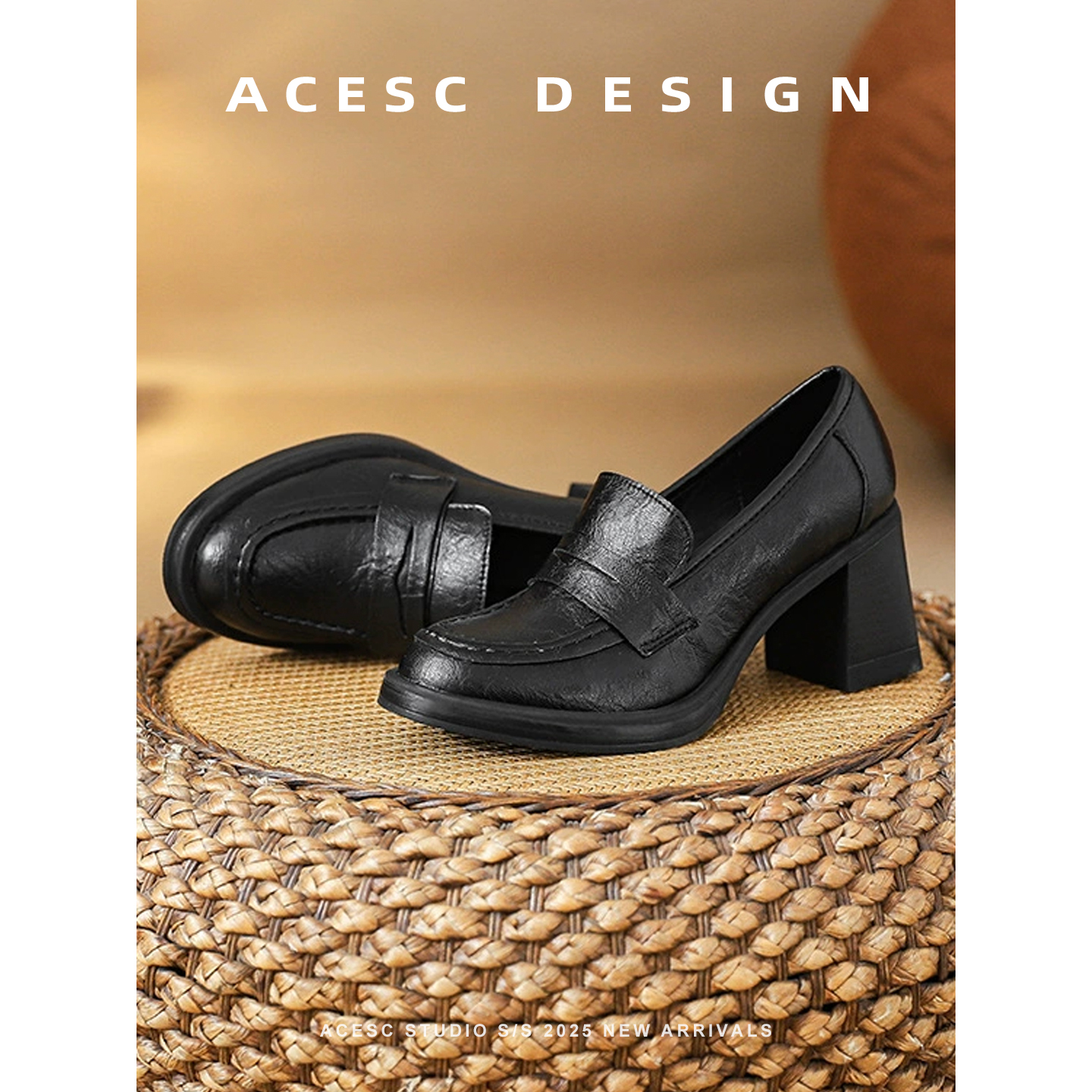 通勤复古高跟鞋女2025新款黑色一脚蹬粗跟乐福鞋简约英伦风小皮鞋