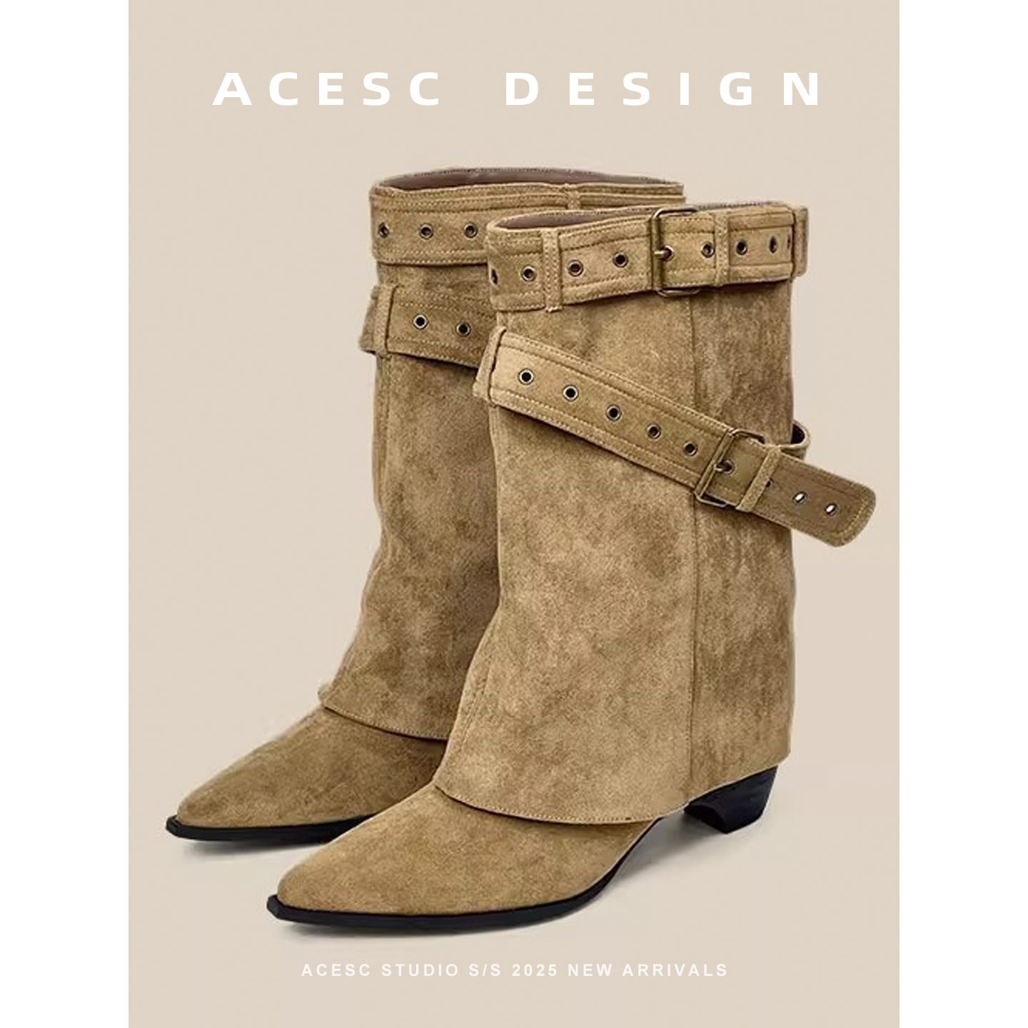 不过膝骑士靴美式辣妹皮带扣裤管靴短筒靴女靴西部靴子女短靴