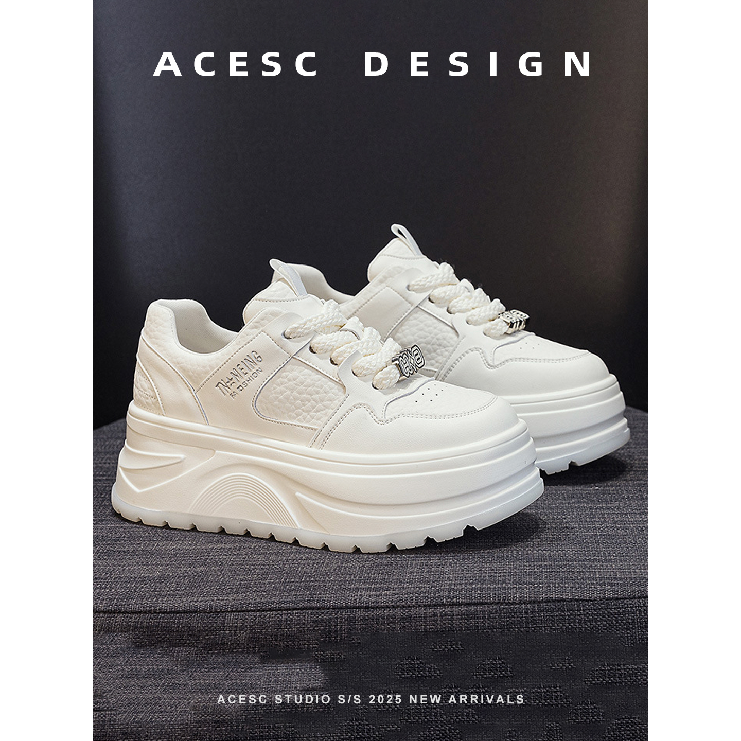 【亲子款】新款韩版厚底增高小白鞋真皮系带显脚小休闲百搭松糕鞋