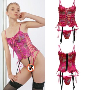 玫红色刺绣花镂空交叉系绑带吊袜带睡衣丁字裤 性感居家诱惑 套装