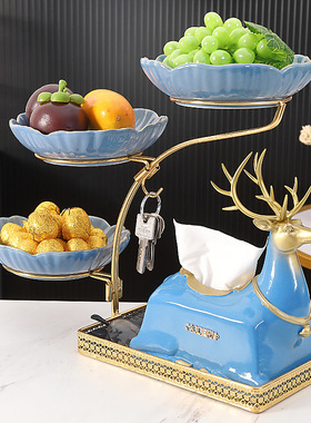 欧式轻奢铁艺陶瓷多层水果盘摆件