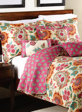 外贸被红色绗缝被三件套全棉水洗被床盖床罩美式夹棉夏凉被缝衍被