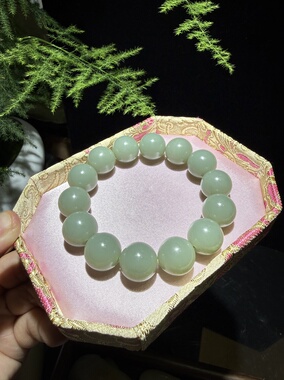 儒贤玉道新疆和田玉且末奶绿卡15圆珠手串
