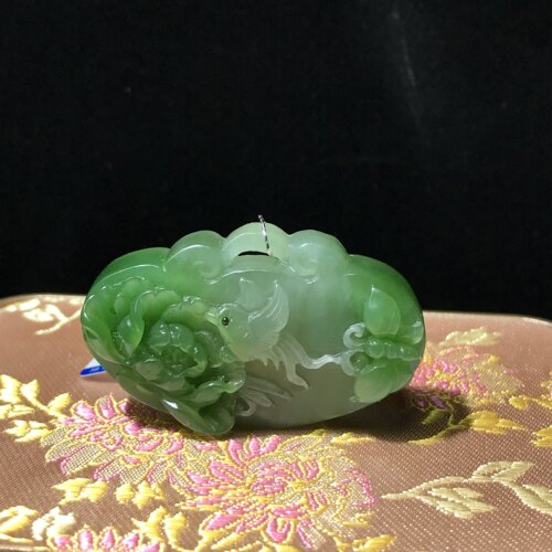儒贤玉道新疆和田玉碧玉白加绿花开富贵平安锁
