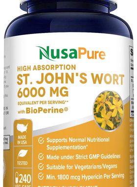 美国代购NusaPure St. John's Wort 6,000mg 240 Veggie Capsules