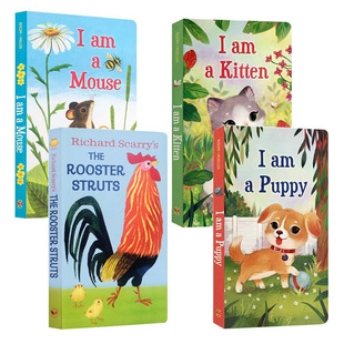 送音频英文原版4册纸板书I am a Kitten/Puppy/mouse The Rooster Struts我是一只小猫咪小狗老鼠低幼儿童英语启蒙iamabunny同系列