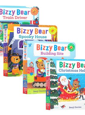 送音频小熊很忙系列英文原版4册合集Bizzy Bear Christmas Helper,building site,train driver纸板机关操作纸板玩具书亲子绘本