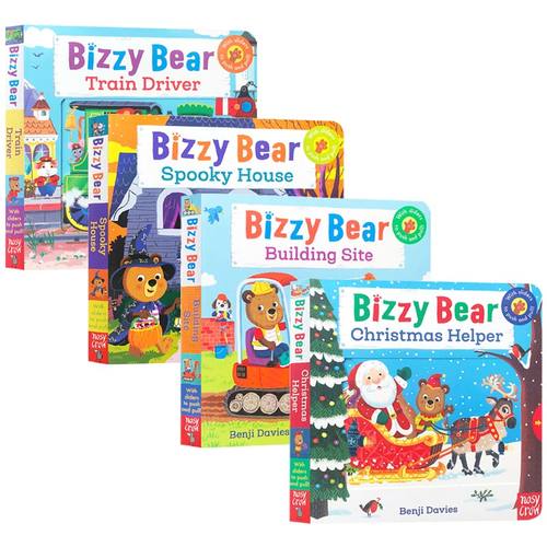 送音频小熊很忙系列英文原版4册合集Bizzy Bear Christmas Helper,building site,train driver纸板机关操作纸板玩具书亲子绘本