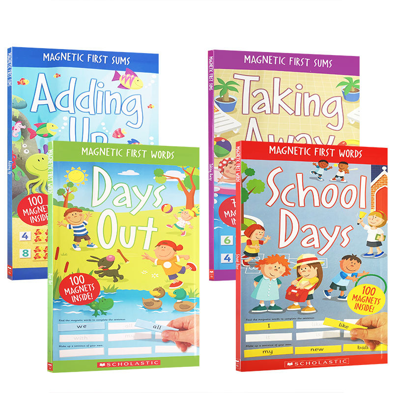 英文原版Scholastic学乐词汇磁铁书4册Magnetic First Words Taking Away/DAYS OUT/SCHOOL DAYS/ADDING UP 幼儿学习加减法练习册