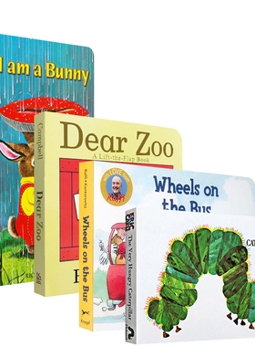 送音频英文原版绘本4册I am a bunny Dear Zoo动物园wheels on the bus,The Very Hungry Caterpillar饥饿毛毛虫纸板翻翻书