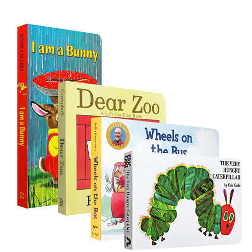 送音频英文原版绘本4册I am a bunny Dear Zoo动物园wheels on the bus,The Very Hungry Caterpillar饥饿毛毛虫纸板翻翻书