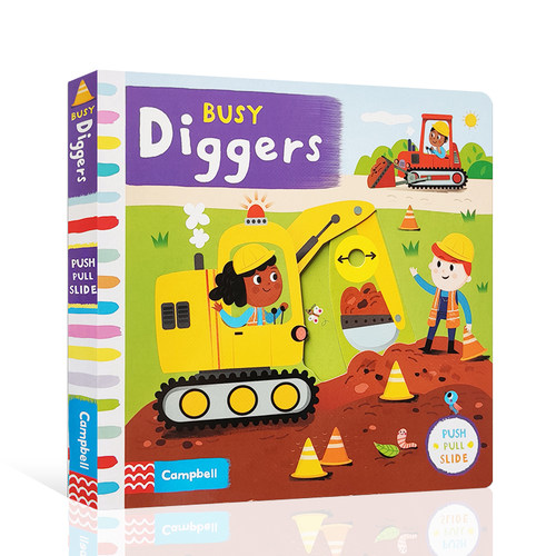 原版 Busy Diggers忙碌系列之忙碌的挖掘机 纸板机关操作书亲子互动儿童启蒙早教益智推拉抽拉书 幼儿宝宝边玩边学撕不烂