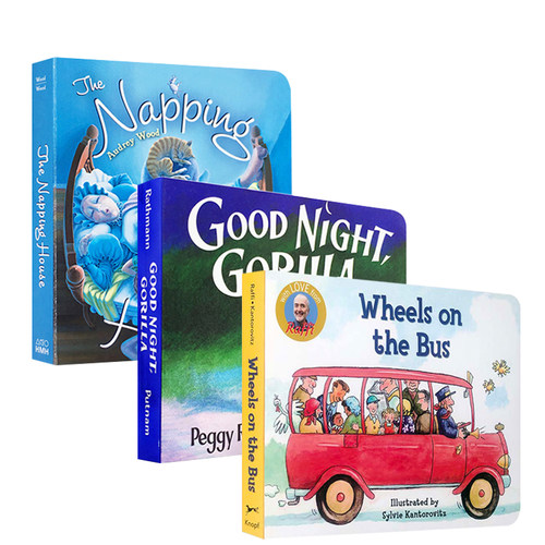 【送音频】英文原版 0-3-6岁幼儿启蒙认知纸板书绘本套装3本套装 Good Night Gorilla wheels on the bus The Napping House