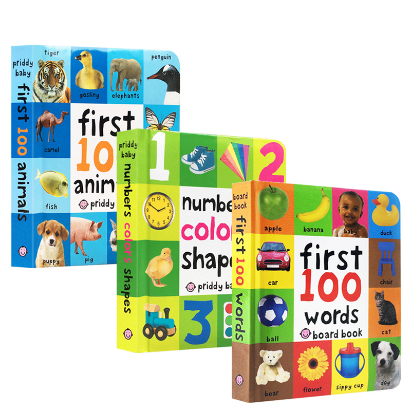 英文原版3册 FIRST 100 ANIMALS Shapes words 儿童启蒙动物形状词汇小词典0-1-2-3岁宝宝的认知纸板书 低幼儿认知启蒙图画书
