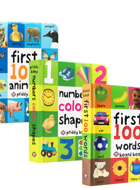 英文原版3册 FIRST 100 ANIMALS Shapes words 儿童启蒙动物形状词汇小词典0-1-2-3岁宝宝的认知纸板书 低幼儿认知启蒙图画书