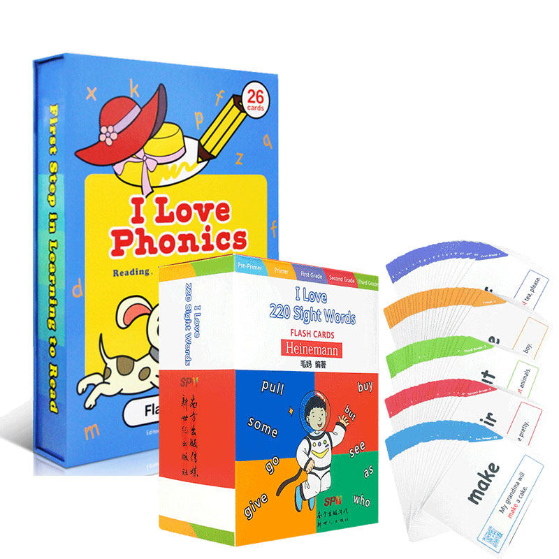 英文原版动物认知学习闪卡I Love phonics L2我爱自然拼读法+ I love 220 sight words高频词 0-3-6岁事物百科早教亲子互动游戏书