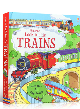 英文原版 Look inside Trains 看里面系列:火车 儿童交通工具科普纸板翻翻书低幼童书学习火车是如何运作的 趣味图画 句型简单