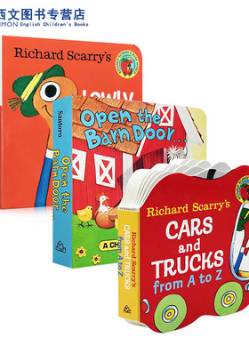 英文原版绘本 入门启蒙3册手掌机关书 Richard Scarry's Cars and Trucks from A to Z/Open The Barn Door/Lowly Worm Word Book
