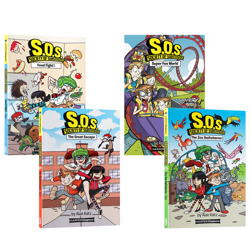 英文原版 S.O.S.: Society of Substitutes 1~4册: The Zoo Switcheroo系列套装4本 中小学生课外阅读科幻故事桥梁章节漫画书