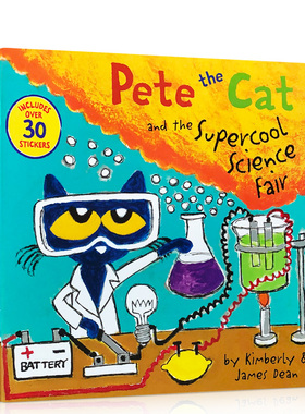 James dean英文原版绘本 Pete the Cat and the Supercool Science Fair皮特猫绘本图画书附贴纸 亲子幽默图画故事读物 3-6岁