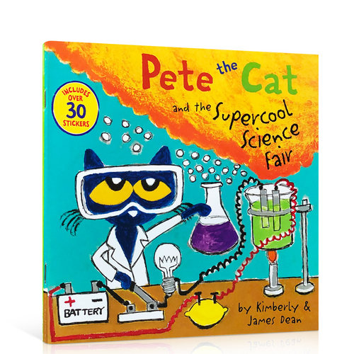 James dean英文原版绘本 Pete the Cat and the Supercool Science Fair皮特猫绘本图画书附贴纸 亲子幽默图画故事读物 3-6岁