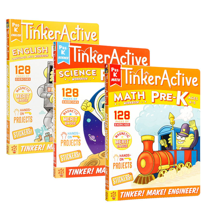 英文原版进口TinkerActive Workbooks: Pre-K系列3本English/Science/Math儿童英语启蒙认知学习教辅练习册帮助孩子提高学习兴趣