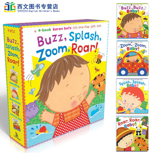 Karen Katz凯伦 卡茨经典纸板书动物之声Buzz Splash Zoom Roar 英文原版绘本 立体翻翻书 纸板书启蒙早教4本盒装 baby touch