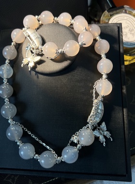 中古Vintage 原创设计高级简约挎包灰白色玛瑙珠项链手链套装