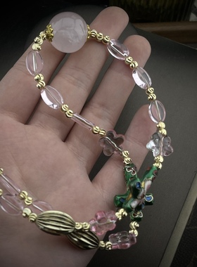 中古Vintage简约时尚甜美学生党琉璃珠子搭绿色珐琅十字架项链