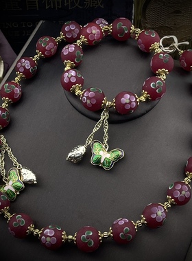 中古Vintage复古时尚气质典雅老琉璃珠子套装项链手链