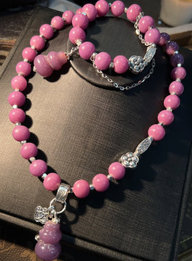 中古Vintage 原创设计简约款精品粉色金红老料老琉璃套装项链手链