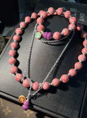 中古vintage 清新简约精致粉蛙皮配紫色小葫芦圆珠链套装项链手链