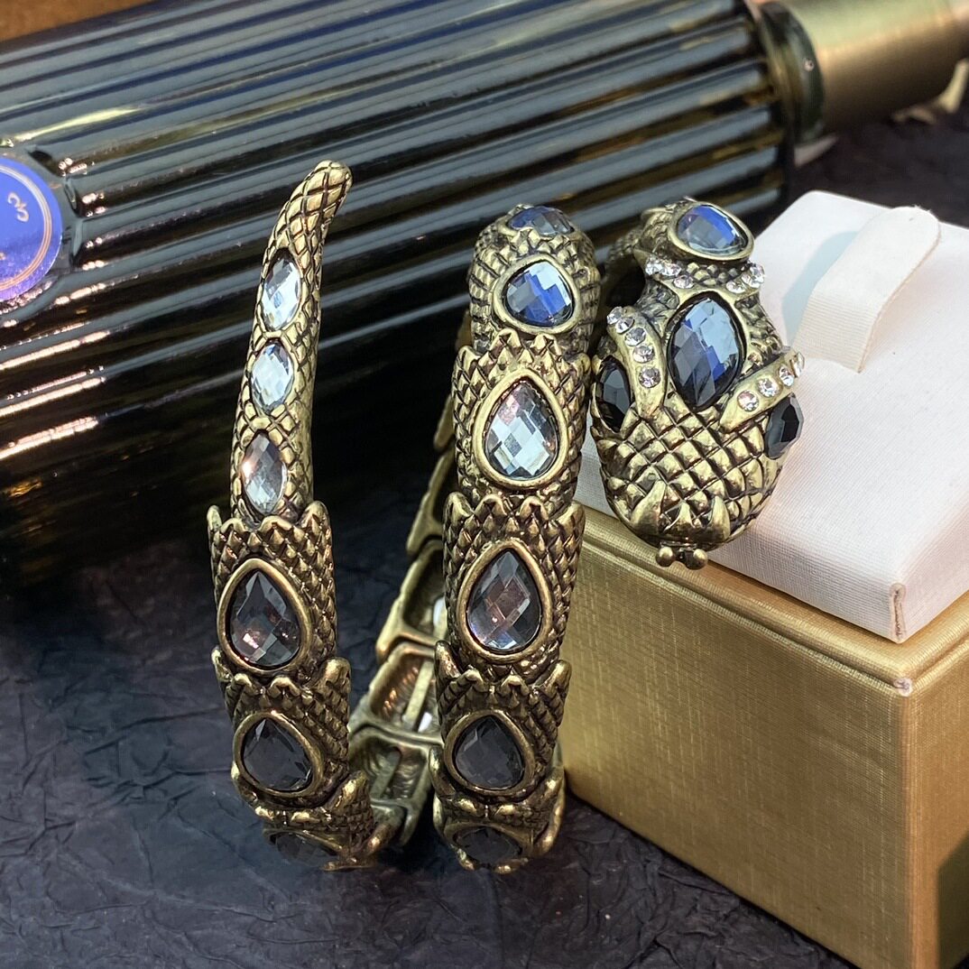 中古vintage 复古时尚气质个性款大颗莱茵石镶嵌神秘小蛇活口手镯