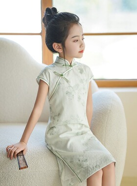 绿色女童旗袍夏季薄款真丝清新中国风连衣裙走秀古筝演出服日常