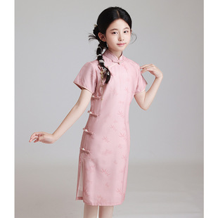 粉色改良儿童旗袍夏季2025新款女童日常高端中国风时尚表演连衣裙
