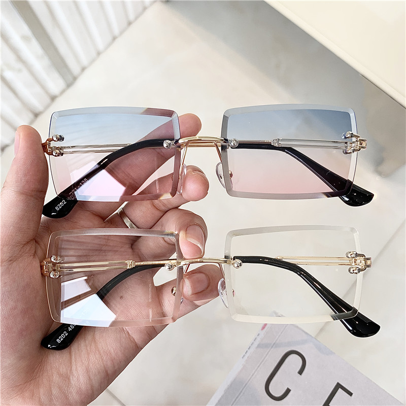 欧美超火复古方形无框切边眼镜嘻哈街拍ins小脸凹造型透明墨镜潮