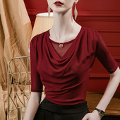 新款 秋季 褶皱国标摩登交谊舞蹈服 修身 假两件网纱拉丁舞上衣女中袖