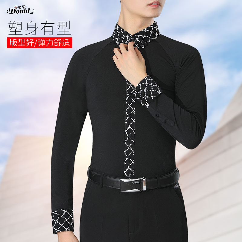 丹宝罗摩登舞服表演服2023年新款黑色长袖男士帅气衬衣华尔兹上衣