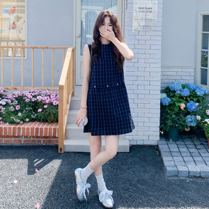 韩系格子无袖圆领连衣裙女2025夏季新款ins风减龄显瘦小个子a字裙图片