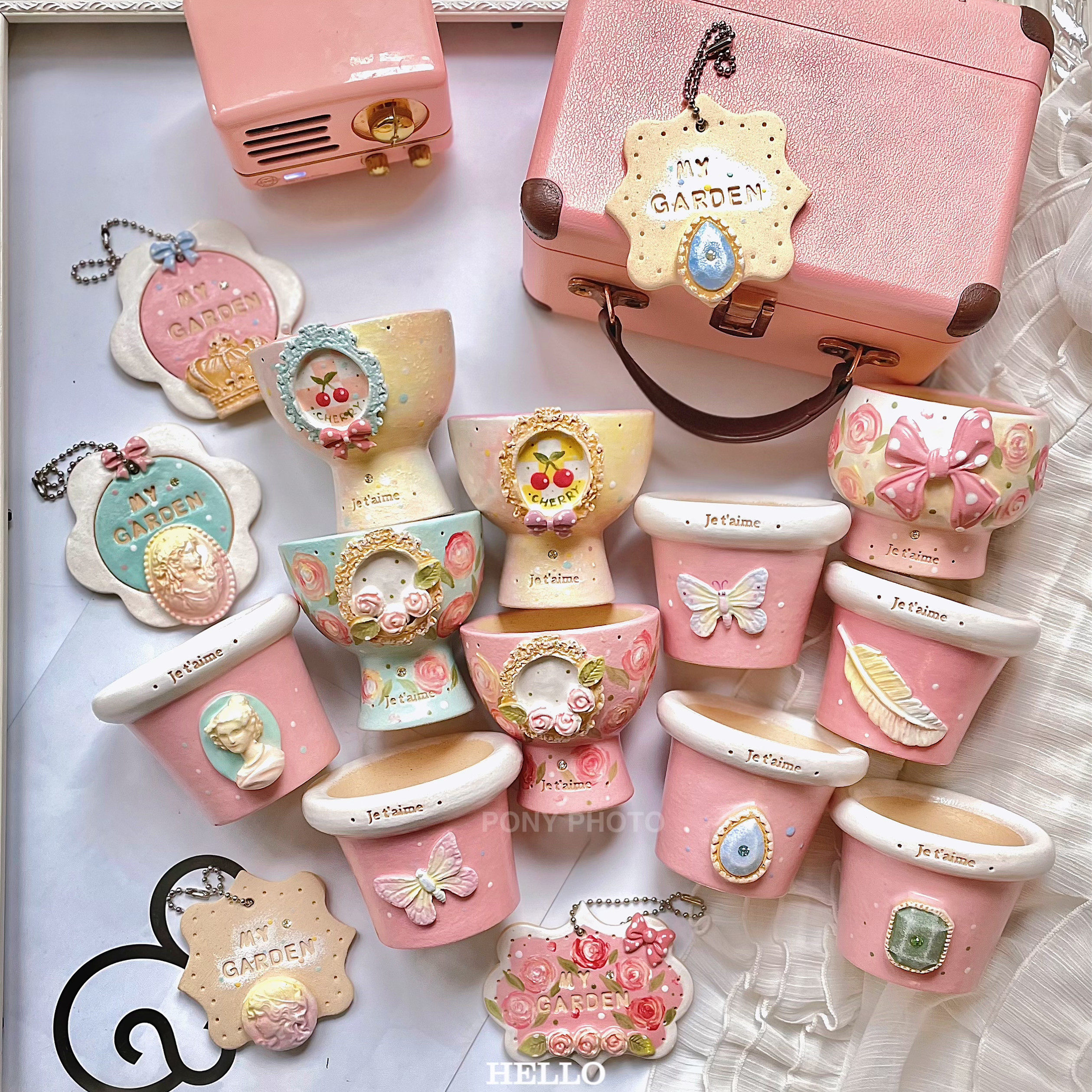 pony精品粉色系立体玫瑰简约时尚可爱飞碟素烧PP肉锥景天多肉花盆