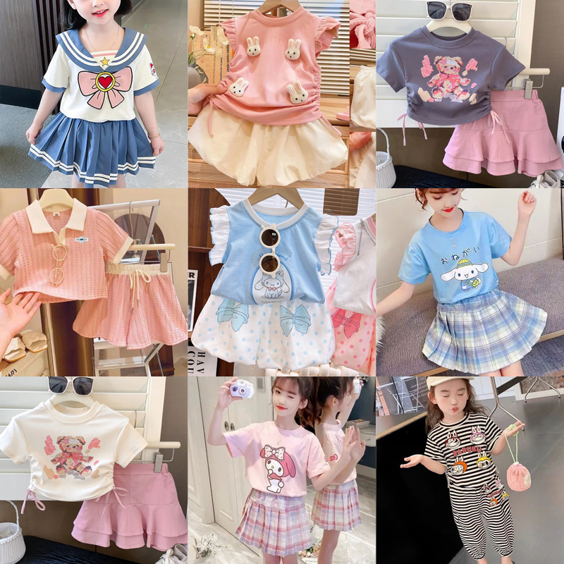 女童套装洋气中小童短袖新款儿童休闲条纹t恤长裤卡通可爱两件套