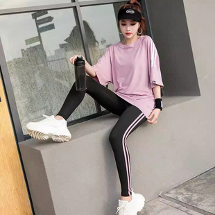 运动打球跑步短袖套头T恤宽松遮肚包臀显瘦压扛长裤健身服套装女