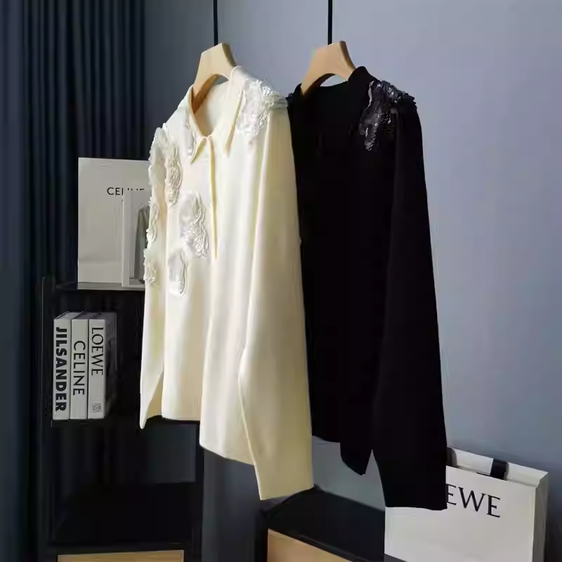 订珠花朵设计羊毛混纺针织开衫女