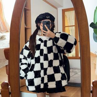 2025韩系宽松百搭加厚高级感棋盘格子毛绒外套女冬季加绒连帽棉服