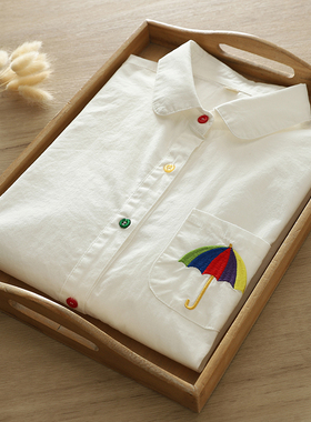 森系小清新文艺长袖纯棉白色衬衫胸前雨伞绣花学生休闲衬衣女秋季