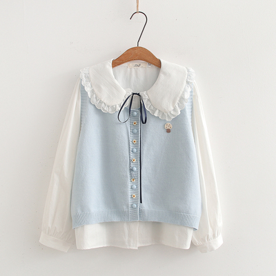 韩版学院风娃娃领衬衫马甲套装春